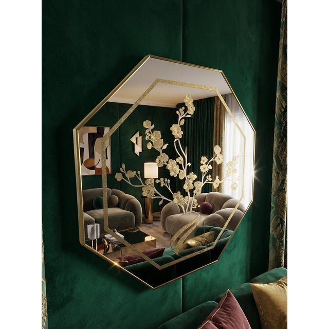Vintage Octagon Wall Mirror: 1980s Windsor Postmodern Floral Vase Brass For Sale - Image 12 of 12