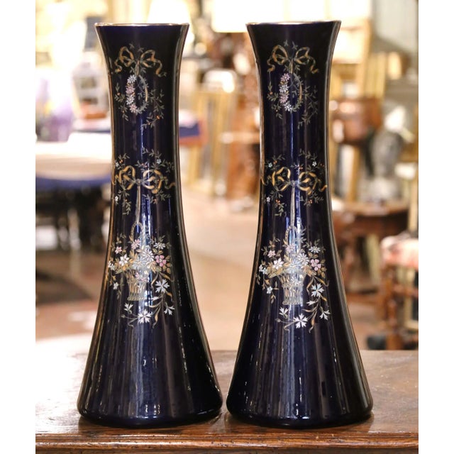 Pair 19th Century French Neoclassical Painted and Gilt Porcelain Trumpet Vases For Sale - Image 13 of 13