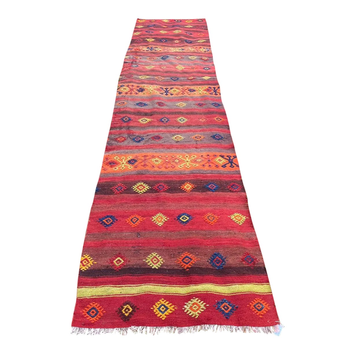 Vintage Tribal Evil Eye Pattern Embroidered Red Kilim Rug | Chairish
