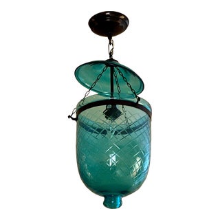 Vintage Blue Etched Glass Bell Jar Light For Sale