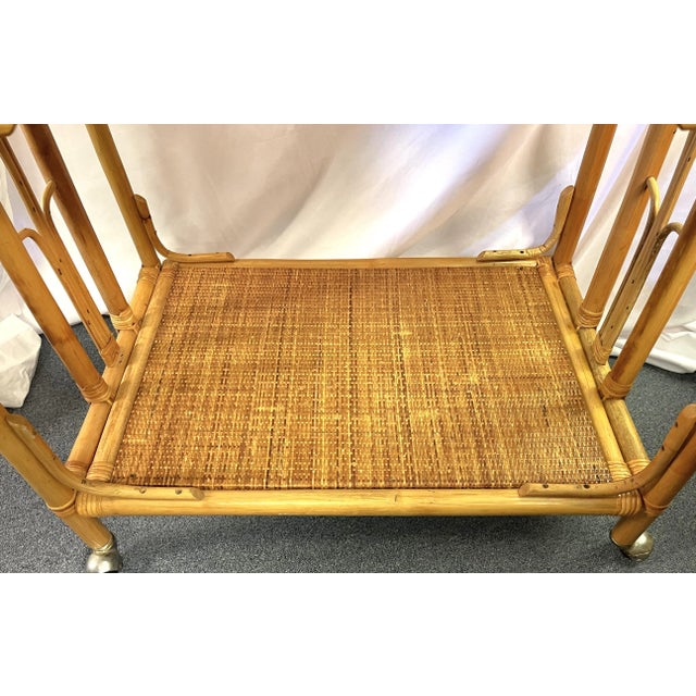 Vintage Mid Century Regency Style Bamboo Two Tier Bar Cart on Casters For Sale - Image 10 of 12