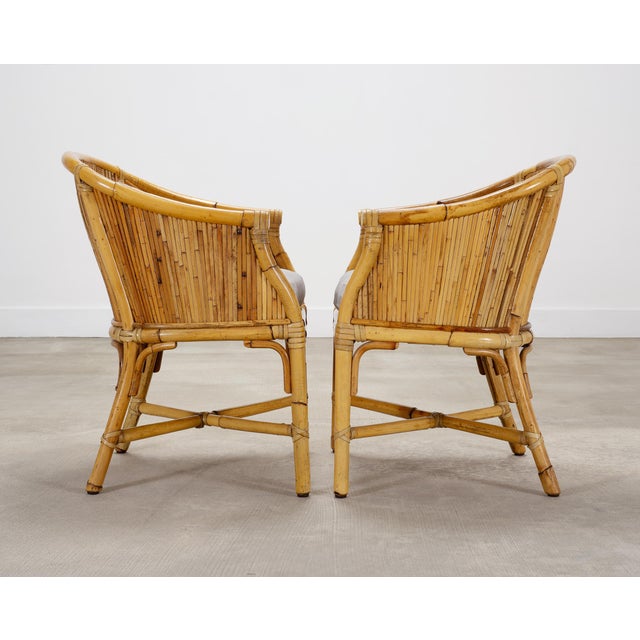 Set of Four McGuire Barrel Back Rattan Bamboo Dining Armchairs For Sale - Image 9 of 18