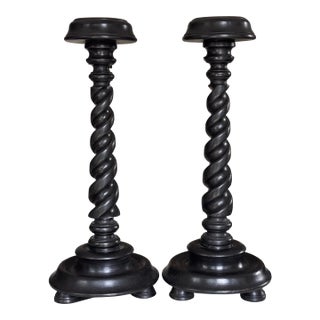 Vintage Carved Jacobean Barley Twist Large Scale Candle Holders - A Pair For Sale
