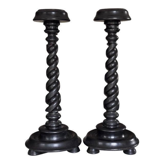 Vintage Carved Jacobean Barley Twist Large Scale Candle Holders - A Pair For Sale