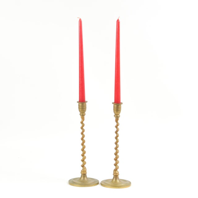 Beautiful tall brass barley twist candlesticks with an unpolished vintage finish. Sold as a set of two, each measures ~...