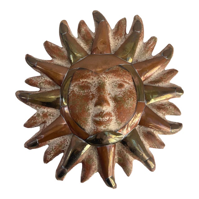 Vintage Celestial Brass, Copper & Pottery Sun Face Wall Hanging For Sale