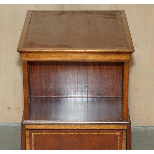 Flamed Hardwood & Brown Leather Sliding Book Tables, Set of 2 For Sale - Image 5 of 18