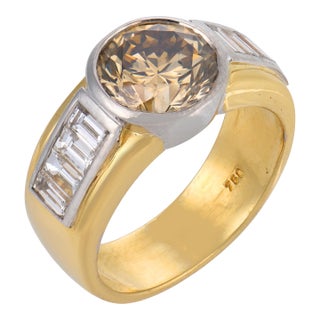Vintage Gia 3.03 Carat Fancy Dark Yellowish Brown Diamond 18k Gold Ring, Size 7 For Sale