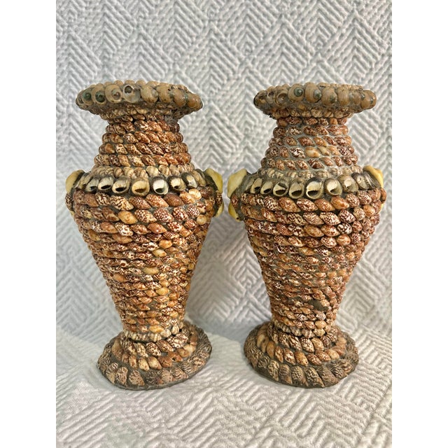 Mid 20th Century Mid-Century Shell Encrusted Coastal Vases With Sea Dragon Motif – Pair For Sale - Image 5 of 10