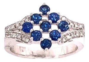 18 Karat White Gold Sapphire Cluster Fashion Ring With Diamond Accents 0.11 TDW, Size 6.5