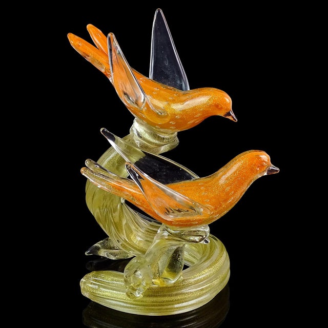 Beautiful vintage Murano hand blown orange, controlled bubbles and gold flecks Italian art glass birds on tree branch...