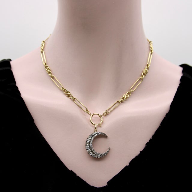 Metal Mid 19th Century Early Victorian Silver Front 14k Gold Back Old Mine Cut Diamond Crescent Moon Pendant For Sale - Image 7 of 11