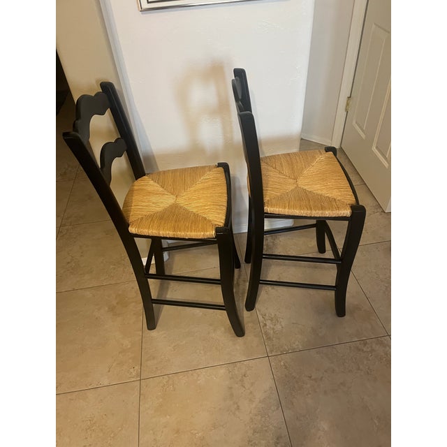 Mid 20th Century Country French Style Black Rush Seat Barstools- A Pair For Sale In Phoenix - Image 6 of 12