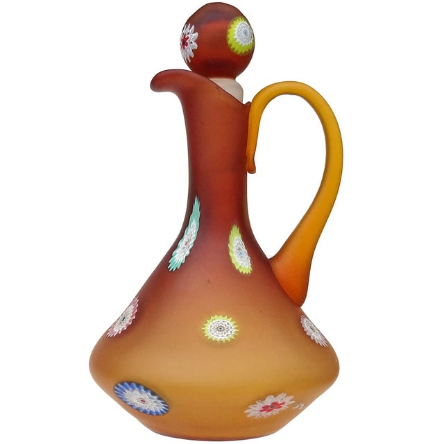 Mid 20th Century Murano Fratelli Toso Vintage Orange Millefiori Flowers Italian Art Glass Satin Surface Ewer Cruet Pitcher For Sale - Image 5 of 5