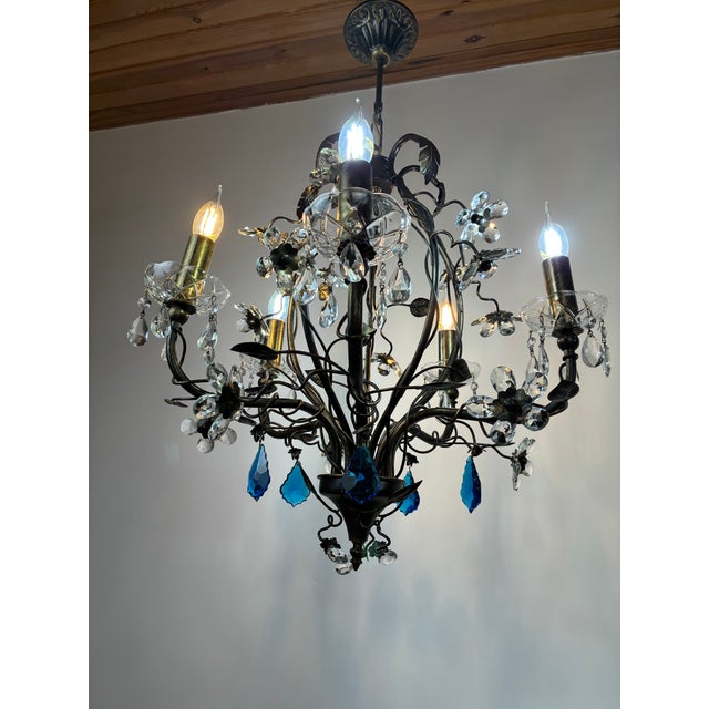 Large Vintage 1990s Wrought Iron Floral Chandelier With Crystal Flowers & Aqua Blue Stones Details For Sale - Image 6 of 17