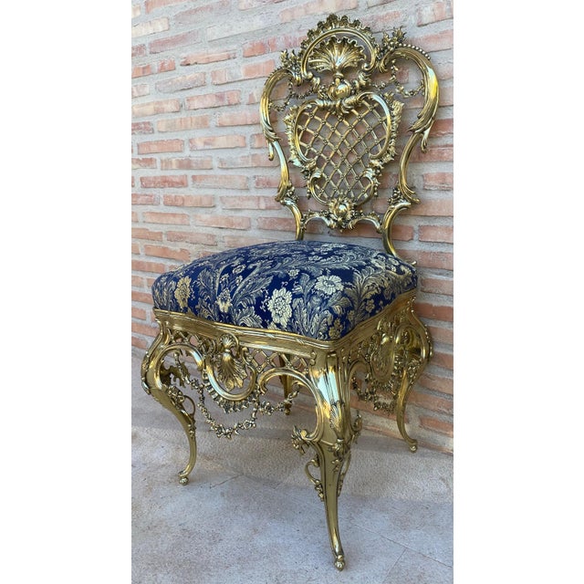 Rococo 1930s Italian Rococo Style Giltwood Chair with Rich Blue Damask Upholstery For Sale - Image 3 of 18