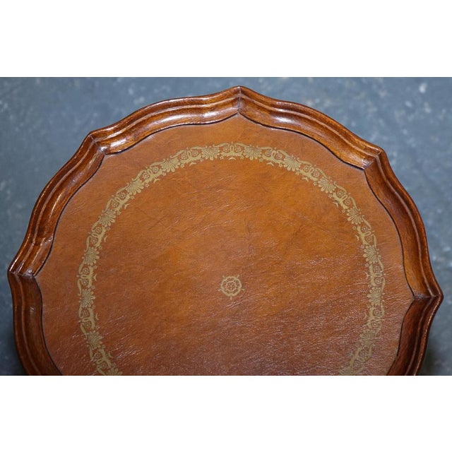 Vintage Georgian Style Tripod Table with Scalloped Edge and Brown Leather Top For Sale - Image 3 of 10
