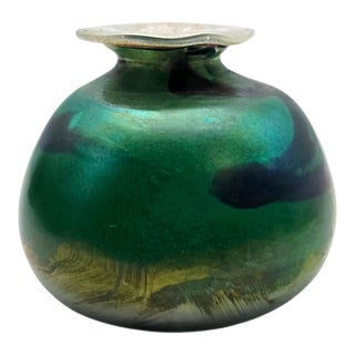 Studio Art Glass Iridescent Green Hand-Blown Vase, 4.5" For Sale