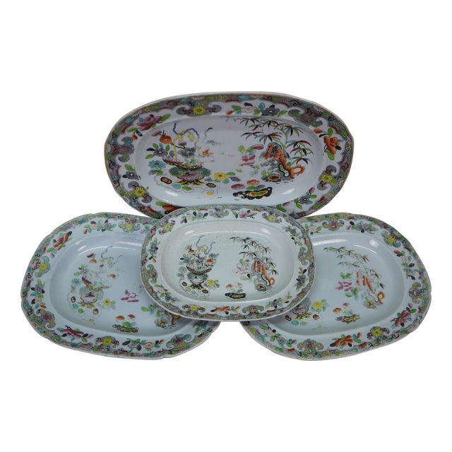 Antique 1825 Stephan Folch Bamboo & Basket Ironstone China Platters - Set of 4 For Sale