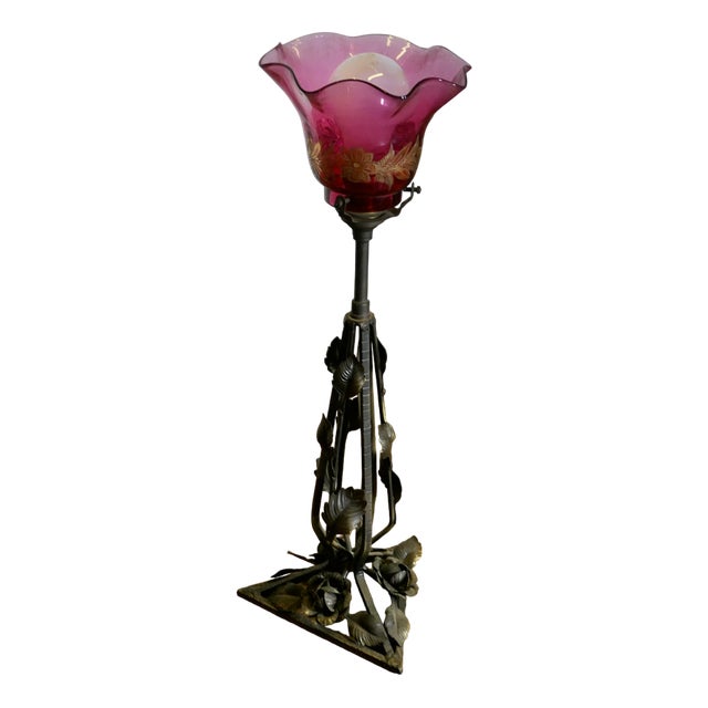 French Iron and Toleware Lamp with Ruby and Gold Leaf Glass Shade, 1890s For Sale