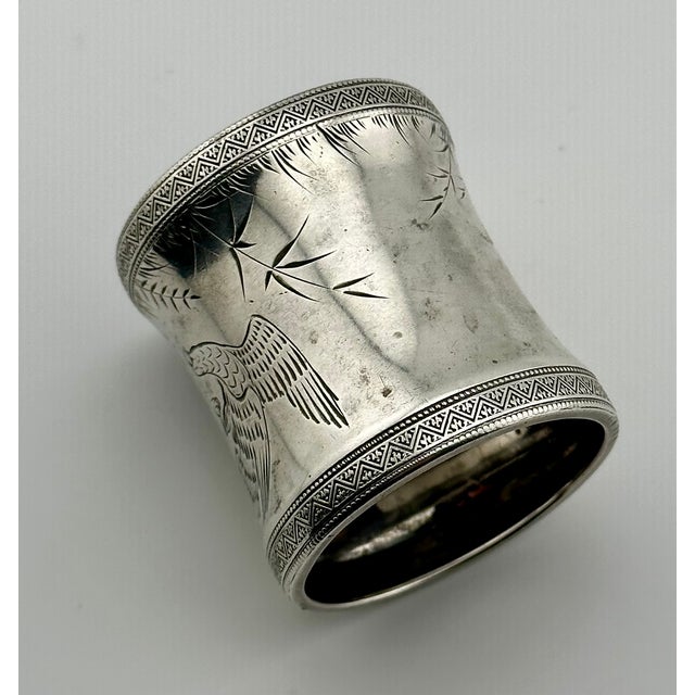 Late 19th Century 1880s Antique Victorian Hand Engraved Stering Silver Napkin Ring With Wild Turkeys in Flight for "Hattie" For Sale - Image 5 of 17