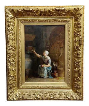 Jacobus Burgers 19th Century Dutch Girl Feeding Her Birds - Oil Painting