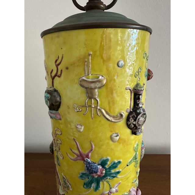 Antique Chinese Famille Rose Yellow Lamp Relief Decorated Vase For Sale - Image 16 of 18