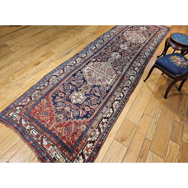 Vintage Persian Bidjar Wide Runner, Hand-Knotted Wool, Geometric Medallion Pattern, Navy & Ivory, 4x14 For Sale - Image 10 of 18