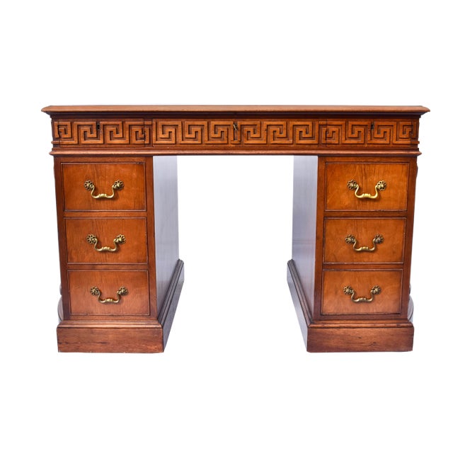 English Knee Hole Desk With Tooled Leather Top Rounded Bowed Sides For Sale
