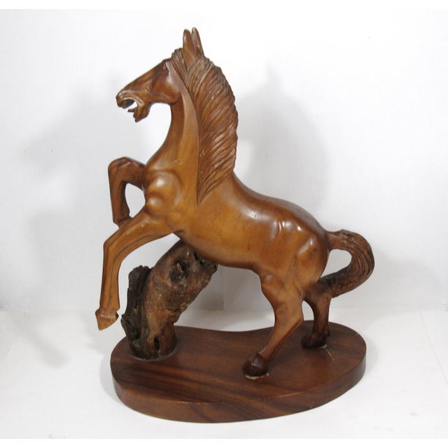 1960s Mid-Century Hand-Carved Wooden Rearing Stallion on Natural Base – 17.5"h For Sale - Image 5 of 18