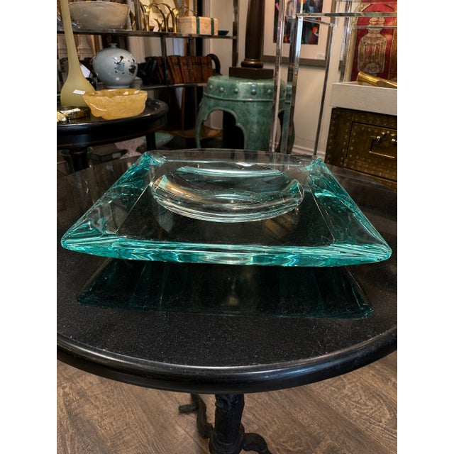Glass Vintage Fontana Arte Aquamarine Crystal Glass Vide Poche Square Catchall Tray Italy Mid-Century For Sale - Image 7 of 10