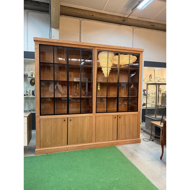 Large Oak Display Cabinet with Black Metal Grid Doors For Sale - Image 4 of 6