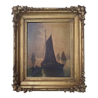 Antique Tonalist “English Fishing Boats” Marine Painting, by G. Martin For Sale