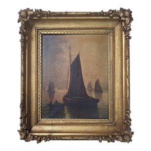 Antique Tonalist “English Fishing Boats” Marine Painting, by G. Martin