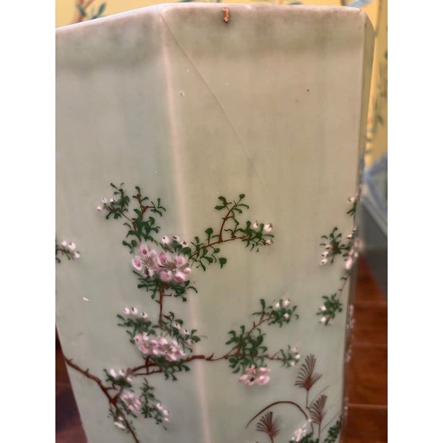 Late 19th Century Japanese Porcelain Celadon Hexagonal Umbrella Stand With Birds and Flowers For Sale - Image 10 of 12
