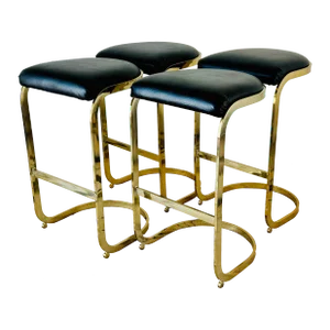 1980s Milo Baughman for Dia Attributed Brass and Leatherette Bar Stools - a Set of Four