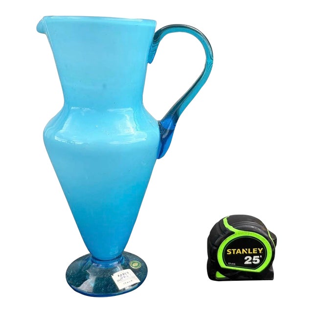 Vintage Balboa Venetian Sky Blue Glass Vase / Ewer With Original Label For Sale