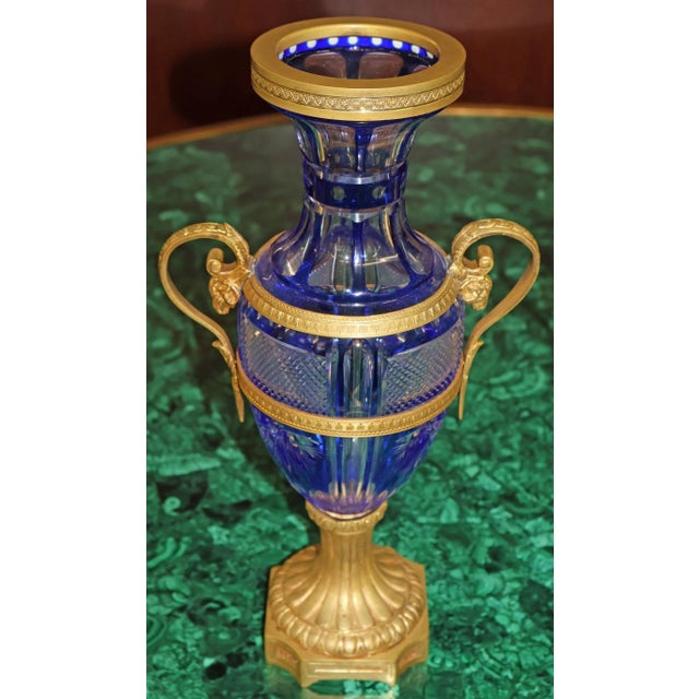 Late 19th Century Pair of Late 19th Century Neoclassical Russian Bronze & Cut Cobalt Glass Vases For Sale - Image 5 of 17