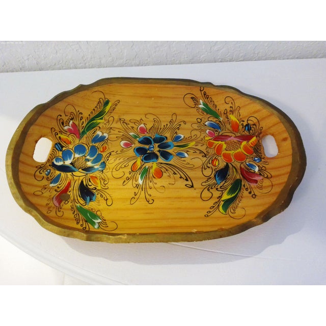 Pretty vintage carved wood Batea folk art, rectangular shaped, shallow bowl hand painted in a vibrant floral motif on...