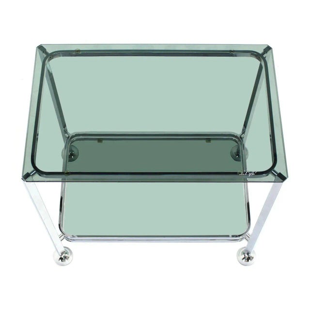 Chrome Tinted Smoked Glass Rolling Tea Cart With Concealed Wheels For Sale - Image 4 of 7