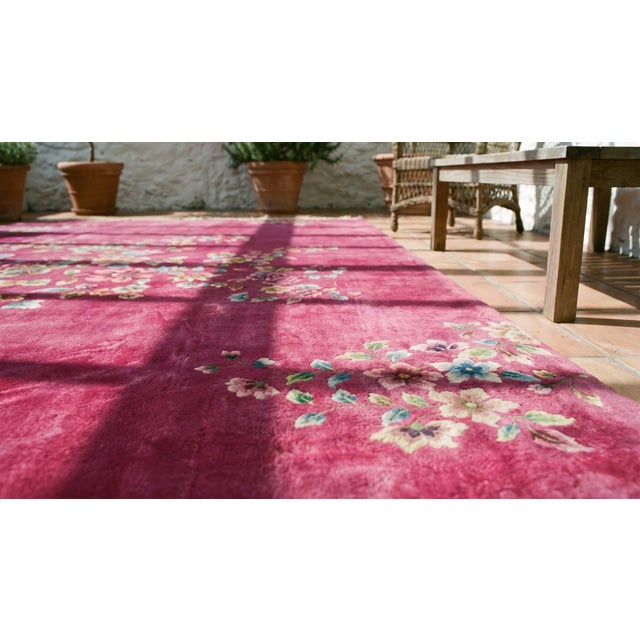 Textile 1930s Bright Pink Floral Modern Antique Chinese Art Deco Rug 8' 9'' X 11' 2'' Handknotted Wool Carpet For Sale - Image 7 of 9