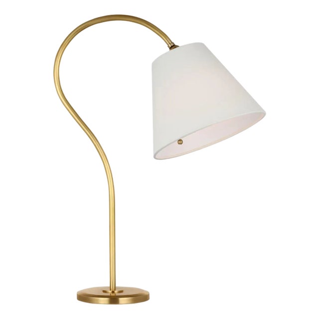 Amber Lewis by Visual Comfort Signature Dume 24" Arched Table Lamp in Hand-Rubbed Antique Brass with Linen Shade For Sale