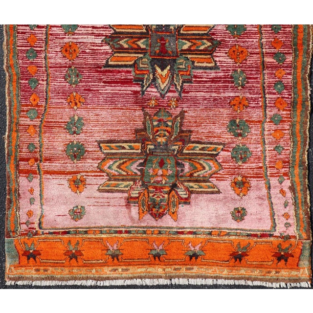Vintage Caucasian Kazak Rug With Tribal Medallions in Pink and Orange 3'9 X 5'9 For Sale - Image 4 of 11