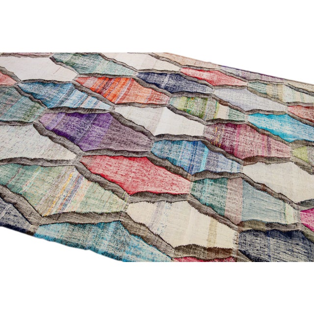 Textile Contemporary Kilim Handmade Geometric Multicolor Wool Rug For Sale - Image 7 of 10
