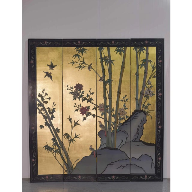 Mid 20th Century Vintage Chinoiserie Gold Leaf Lacquer 4-Panel Room Divider Screen For Sale - Image 5 of 12