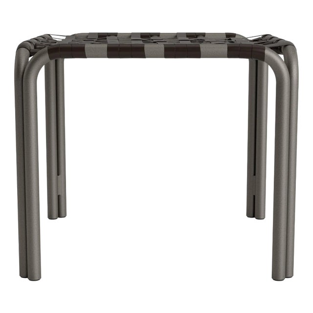 Brown Jordan Kantan Aluminum Stacking Stool/Occasional Table, Vinyl Lace, Mica frame with Coffee fabric For Sale