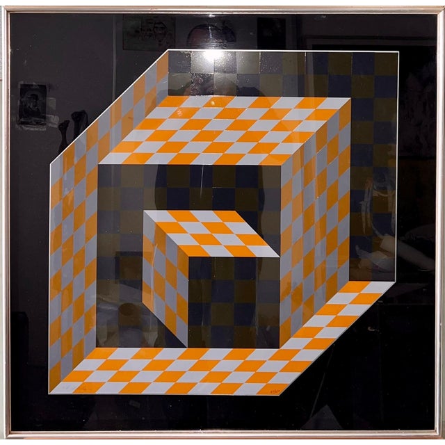 Metal Victor Vasarely, 1970's Enamel Metal Vasarely Silkscreen Screenprint Axo Kinetic Op Art Sculpture, c.1970's For Sale - Image 7 of 9