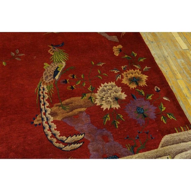 1920s Red Floral Antique Chinese Art Deco Water Bird Rug 8'2" X 9'8" Wool Carpet For Sale - Image 10 of 10