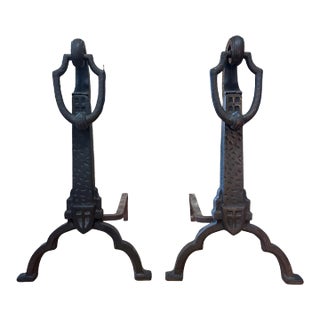 Antique Cast Iron Arts and Crafts Style Andirons, Early 20th Century For Sale