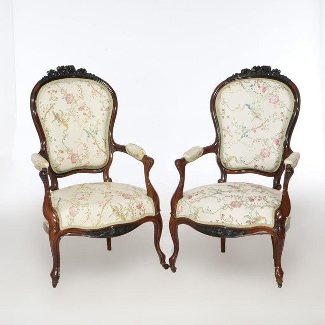 Antique Pair Victorian Carved Rosewood Parlor Arm Chairs, Circa 1890 For Sale - Image 6 of 18